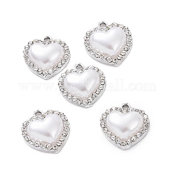 Pendentifs en alliage avec strass, avec perles en plastique imitation abs, breloque coeur, platine, 17x15.5x5mm, Trou: 1.8mm