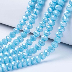 Chapelets de perles en verre électroplaqué, couleur unie opaque, de couleur plaquée ab , facette, rondelle, bleu profond du ciel, 6x5mm, Trou: 1mm, Environ 85~88 pcs/chapelet, 16.1~16.5 pouce (41~42 cm)
