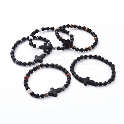 Unisex Natural & Synthetic Stretch Bracelets, with Cross Synthetic Turquoise(Dyed) Beads, Frosted Natural Black Agate(Dyed) Beads and Non-Magnetic Synthetic Hematite Beads, 2-1/8 inch(5.5cm)