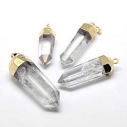 Natural Crystal Pointed Pendants, with Brass Findings, Faceted Bullet Pendants, Golden, 38~65x10~23x8~20mm, Hole: 5x8mm