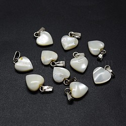 Charms shell, con accessori di ottone, cuore, platino, 12~13x9~10x2~4mm, Foro: 2x5 mm