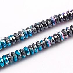 Electroplated Non-magnetic Synthetic Hematite Beads Strands, Half Plated, Rondelle, Faceted, Multi-color Plated, 4x2mm, Hole: 0.8mm, about 180pcs/strand, 15.75 inch(40cm)