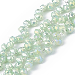 Chapelets de perles en verre imitation jade, facette, larme percée en haut, de couleur plaquée ab , vert clair, 10x7.5~8mm, Trou: 0.8~1mm, Environ 95~100 pcs/chapelet, 23.23~26.77 (59~68 cm)