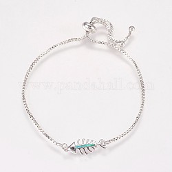 Bracelets bolo chaîne en laiton, Bracelets coulissants, avec opale synthétique et strass, Fishbone, platine, vert printanier, 9 pouce (230 mm)
