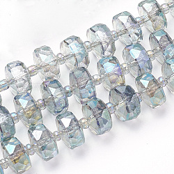 Hilos de perlas de vidrio electroplat, arco iris chapado, facetados, rerondana plana, turquesa oscuro, 10x6.5mm, agujero: 1.2 mm, aproximamente 60 pcs / cadena, 18.9 pulgada