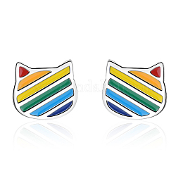 Emaille-Katzen-Ohrstecker in Regenbogenfarbe, Platin-Messing-Schmuck für Frauen, Farbig, 7 mm