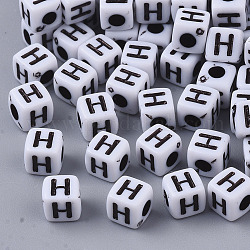 Weiße undurchsichtige Acrylperlen, horizontales Loch, Würfel mit schwarzem Alphabet, letter.h, 4~5x4~5x4~5 mm, Bohrung: 1.8 mm, ca. 6470~6500 Stk. / 500 g