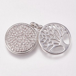 Brass Micro Pave Cubic Zirconia Pendants, Flat Round with Tree of Life, Clear, Platinum, 15x2mm, Hole: 3mm