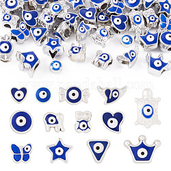 52 Uds. 13 estilos cuentas europeas de resina de mal de ojo azul, Abalorios de grande agujero, cuentas del ojo del diablo, color de plata, formas mixtas, 8~17.5x5~17x6~10.5mm, agujero: 2~4.5 mm, 4 piezas / style