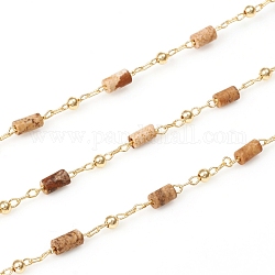 3.28 Fuß handgemachte Naturbild Jaspis Perlenketten, echte 18k vergoldete Messingketten, gelötet, langlebig plattiert, 4~5x2~2.5 mm, Perlen: 2 mm, Link: 2x1x0.2 und 2x1.5x0.2 mm