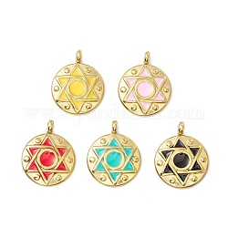 Vacuum Plating 304 Stainless Steel Enamel Pendants, Light Gold, Flat Round with Star of David, Mixed Color, 19x15x4mm, Hole: 2.4mm