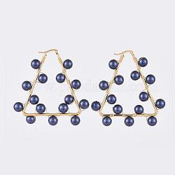 Perlenohrringe, Schale mit Perlen, 304 Edelstahlzubehör und Kupferdraht, Dreieck, golden, marineblau, 62x61x18 mm, Stift: 0.7x1 mm