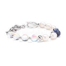 Bracelet en perles de lapis-lazuli naturel (teint) et pierre de lune synthétique et perle, bijoux en pierres précieuses pour femmes, 7-7/8 pouce (20 cm)