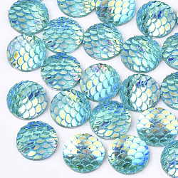 Resin Cabochons, AB-Color, Flat Round with Mermaid Fish Scale, Dark Turquoise, 12x3mm