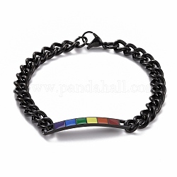Regenbogen-Pride-Armband, Emaille-Rechteckstab-Gliederarmband für Männer und Frauen, Elektrophorese schwarz, 8-3/4 Zoll (22.3 cm)