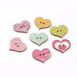 2-Hoyo botones de madera impresos, corazón, color mezclado, 23x25.5x2.5mm, agujero: 1.5 mm