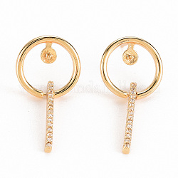 Brass Micro Pave Clear Cubic Zirconia Stud Earring Findings, for Half Drilled Bead, Nickel Free, Real 18K Gold Plated, 31.5x14.5mm, Pin: 0.7mm, Pin: 0.6mm( for half drilled bead)