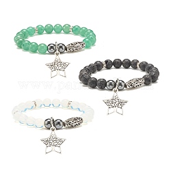 Bracelet extensible en pierres précieuses et hématite synthétique avec breloque étoile, bijoux en pierres précieuses pour femmes, diamètre intérieur: 2 pouce (5.2 cm)