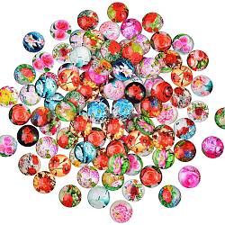 100pcs cabochons en verre imprimés de fleurs, demi-rond / dôme, couleur mixte, 20x6mm