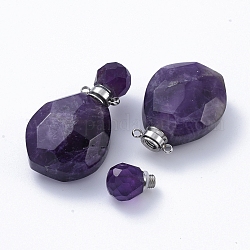 Faceted Natural Amethyst Openable Perfume Bottle Pendants, with 304 Stainless Steel Findings, Stainless Steel Color, 38~39.5x22.5~23x11~13.5mm, Hole: 1.8mm, Bottle Capacity: 1ml(0.034 fl. oz)