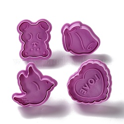 Valentine's Day Themed PET Plastic Cookie Cutters, with Iron Press Handle, Bear, Bird, Heart with Word LOVE & Rose, Old Rose, 50~53x43~55.5x18mm, 4pcs/set