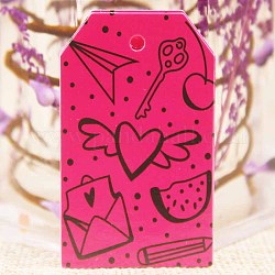Etichette regalo in carta, tag hange, per arti e mestieri, San Valentino, rettangolo con disegno cuore, rosa intenso, 50x30x0.4mm, Foro: 3 mm