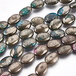 Natürliche Pyrit Perlen Stränge, Oval, gefärbt, Multi-Farbe plattiert, 14x10x5~5.5 mm, Bohrung: 0.8 mm, ca. 14 Stk. / Strang, 7.95 Zoll (19.5 cm)