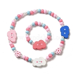 Ensemble de bijoux en bois d'érable et acrylique, collier de perles et bracelet extensible pour enfants, nuage, bracelet : diamètre intérieur : 1-5/8 pouce (4 cm), collier : 15-1/2 pouce (39.4 cm)
