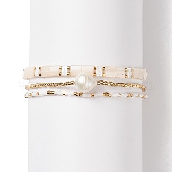 3 stücke 3 stil natürliche perle & glas saatperlen stretch-armbänder set für frauen, golden, Innendurchmesser: 2-1/8~4 Zoll (5.4~10.1 cm), 1pc / style