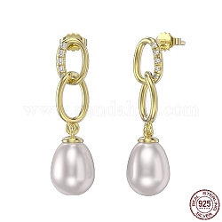 Pendientes de botón de plata de ley 925, Pendientes colgantes de perlas ovaladas para mujer., con sello s925, real 14k chapado en oro, 29mm