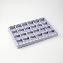 Boîtes de présentation en bois rectangle, avec velours, 24 compartiments, bleu acier clair, 24x35.5x3 cm