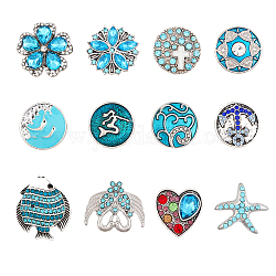 CHGCRAFT 12Pcs 12 Style Alloy Rhinestone Snap Button, with Enamel, Jewelry Buttons, Starfish & Flower & Fish, Antique Silver & Platinum, 9~22x9~26x7~10mm, Knob: 5~5.5mm, 1pc/style