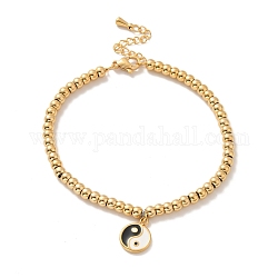 Placage sous vide 304 rond plat en acier inoxydable avec bracelet à breloques yin yang avec émail, 201 bracelet perles rondes acier inoxydable pour femme, or, 8-3/4 pouce (22.1 cm)