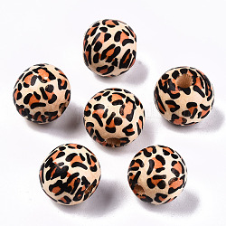 Perles en bois naturel imprimées, rond avec imprimé léopard, Pérou, 13x12mm, Trou: 3mm