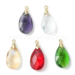 Brass with Glass Pendants, Faceted Teardrop Charm, Mixed Color, 22x13x7mm, Hole: 1.4mm