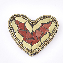 Perline  indonesia fatto a mano, con accessori di ottone, cuore, oro, rosso, 42~43x50~51x9mm, Foro: 2 mm