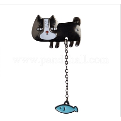 クリエイティブ亜鉛合金子猫ブローチ  エナメルラペルピン  鉄バタフライクラッチ付き  漫画の猫と魚  ブラック  猫：2x3.1cm  ピン：1mm  魚：0.6x2.5cm  ピン：1mm  チェーン：6cm。