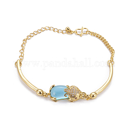Tonalité Golden Link de laiton bracelets, avec verre et zircone cubique, Pi Xiu, bleu ciel, 7-5/8 pouce (19.5 cm), 2.5~3mm