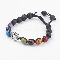 Bijoux chakra, bracelets réglables de pierre gemme et de tressage de résine, bracelet noeud carré en fil de nylon, avec les accessoires en alliage, lotus, colorées, 2-1/8 pouce (55 mm)