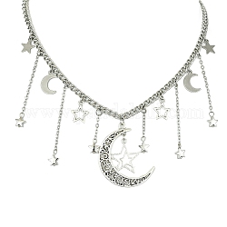 Halsketten mit Anhänger aus Stern- und Halbmondlegierung, 304 Edelstahl-Kabelkette mit Karabinerverschluss für Damen, Antik Silber Farbe, 17-3/8 Zoll (44 cm)