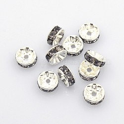 Brass Rhinestone Spacer Beads, Grade A, Gray, Silver Color Plated, Nickel Free, Size: about 8mm in diameter, 3.8mm thick, hole: 1.5mm