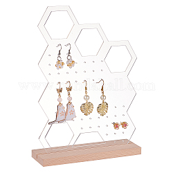 Présentoirs de boucle d'oreille verticaux en acrylique transparent avec base en bois, support organisateur de bijoux de bureau pour le stockage de boucle d'oreille, modèle de ruche, produit fini : 15x2x21.5cm