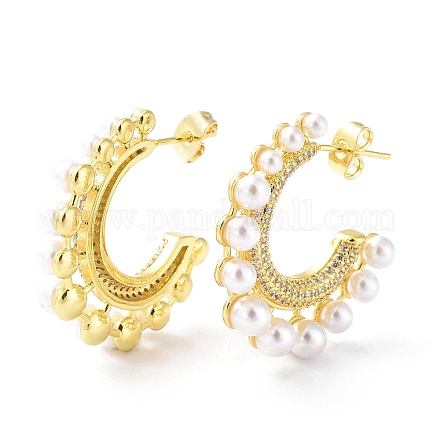 Boucles d'oreilles en forme de C avec zircone cubique transparente et perles en plastique ABS EJEW-G333-15G-1