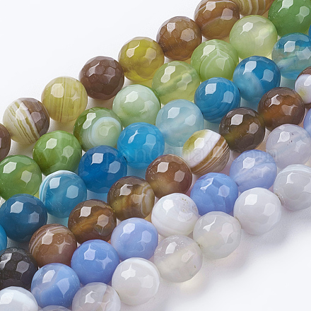 Chapelet de perles en agate naturelle/agate à bandes à facette ronde teinté G-G581-8mm-M-1
