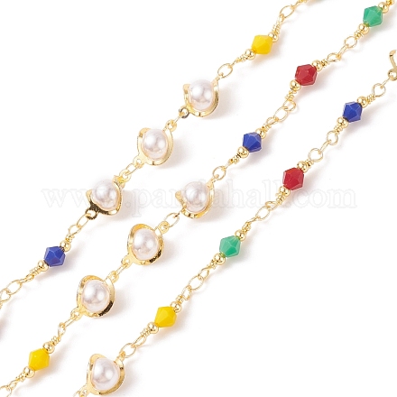 CCB Plastic Pearl & Glass Bicone Beaded Chains CHC-P009-35G-1