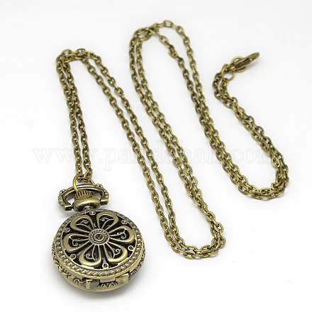 Alliage rond et plat avec la montre de poche collier pendentif fleur de quartz WACH-N011-43-1