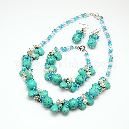Gemstone Beaded Necklaces & Bracelets & Earrings Sets NJEW-P077-06-1