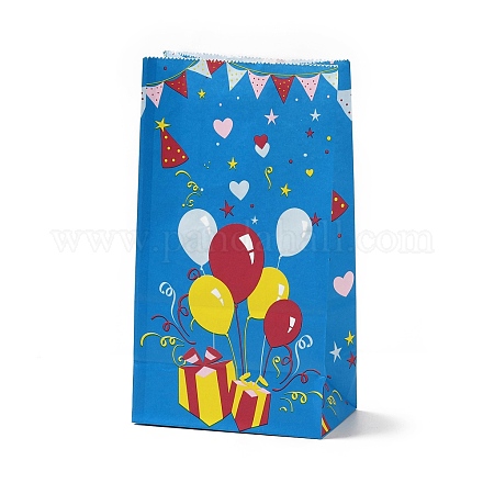 長方形の紙製キャンディーギフトバッグ  誕生日クリスマスギフト包装  バルーンとギフトボックスの模様  ディープスカイブルー  展開：13x8x23.5cm ABAG-C002-01A-1