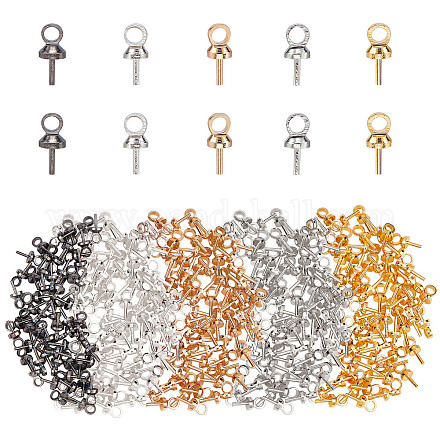 SUPERFINDINGS 300Pcs 5 Colors Brass Cup Peg Bails Pendants 7x3mm Brass Cup Pearl Eye Pin Bail Peg Pendants Eye Pin Bail Caps for Half Drilled Beads Jewelry Making KK-FH0003-07-1