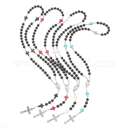 Collana con perle rosario in turchese sintetico e legno NJEW-JN04431-1